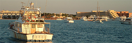 Sea view of Hurghada. Sport fishing boat in the foreground